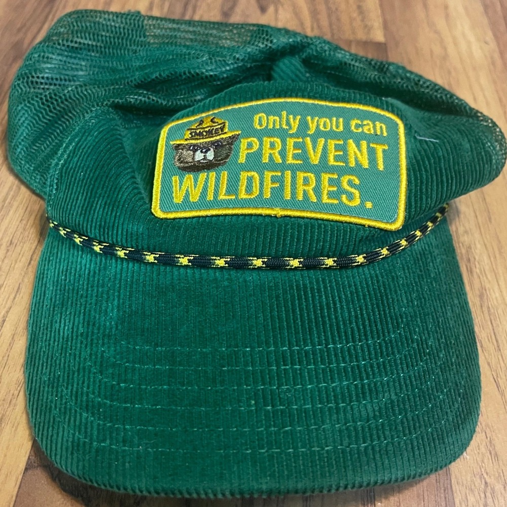 Smokey Bear Prevent Wildfires Green Corduroy Mesh Trucker Hat Snapback OSFA